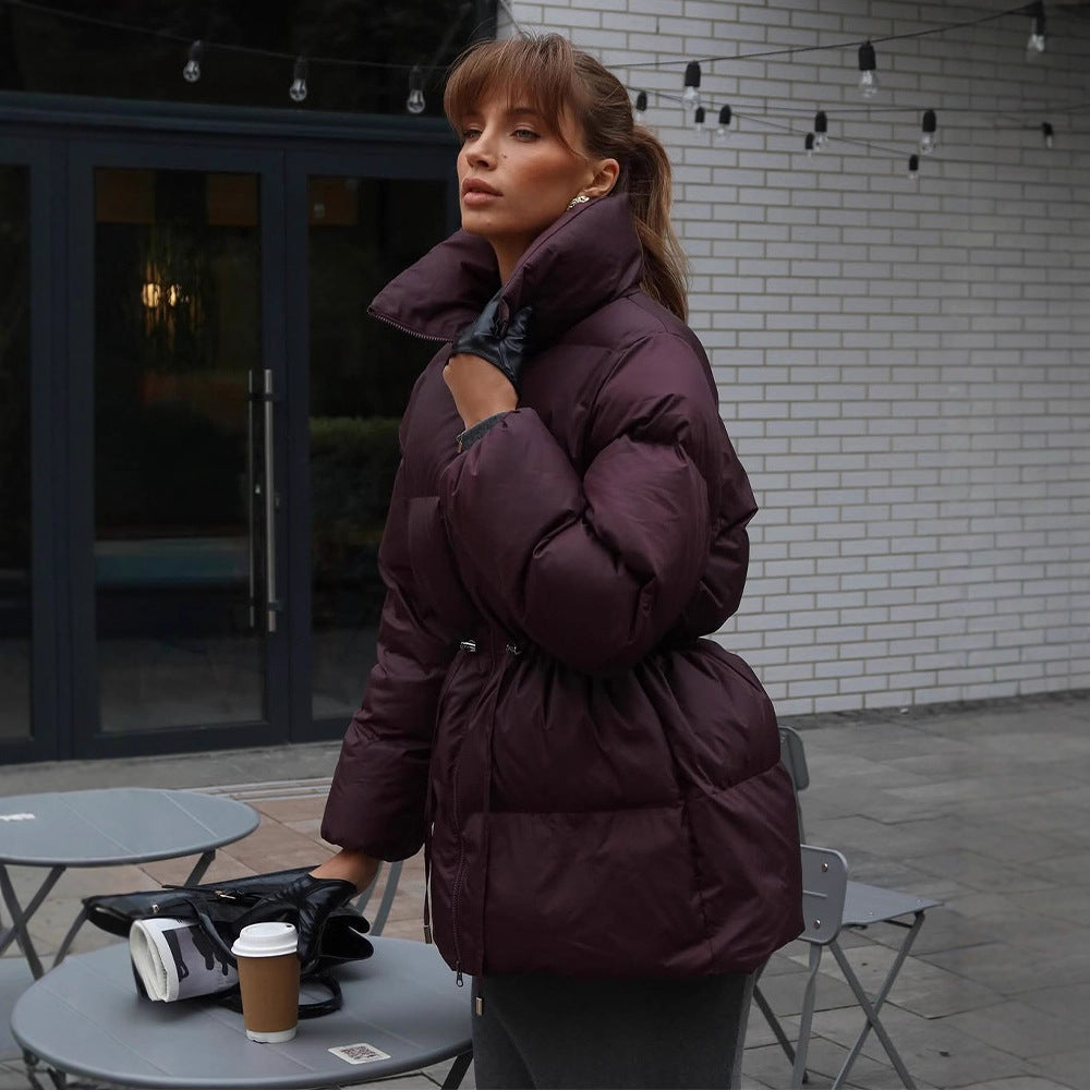Women's Padded Fitted Quilted Jacket with Drawstring & High Standing Collar EVA-US