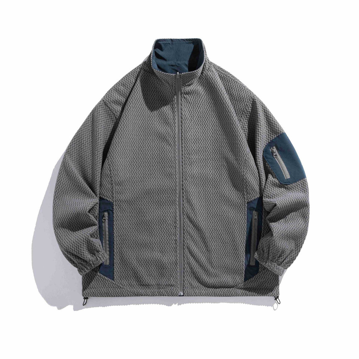 Unisex structure fleece jacket with high stand-up collar, zip pockets and drawstring hem EVA-US