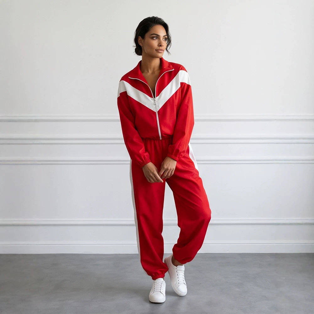 Women's Retro Tracksuit with Zipper Jacket and Elastic Waist Pants EVA-US
