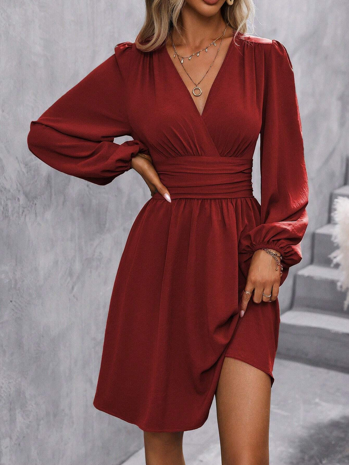Women's wrap dress with a stylish V-neck and voluminous sleeves