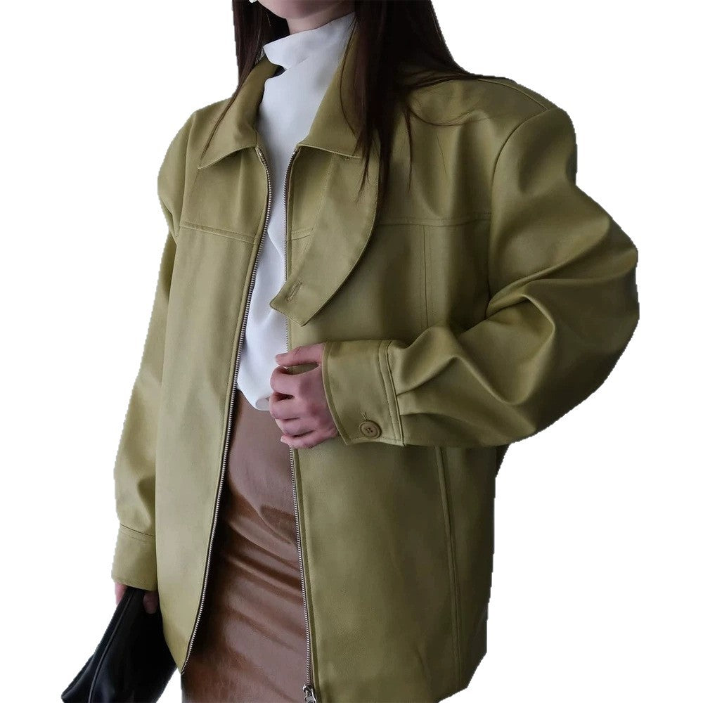 Women's Boxy Faux Leather Jacket with High Stand Collar, Front Zip and Waist Belt EVA-US