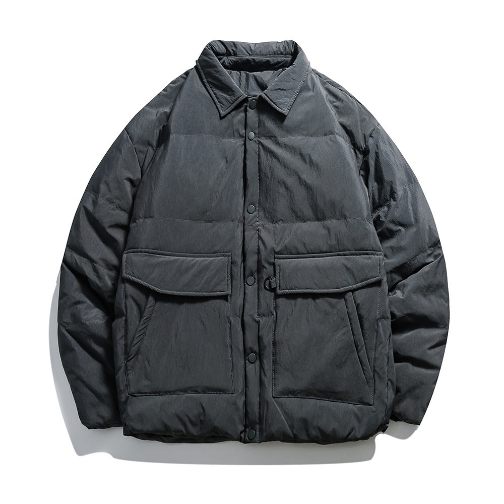 Unisex Boxy padded shirt jacket with large flap pockets and snap button closure EVA-US