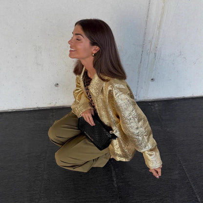 Women Short Textured Metallic Bomber Jacket with Boxy Silhouette EVA-US