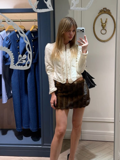 Women Tailored Cropped Blazer with Sculpted Shoulder and Decorative Trimmings EVA-US