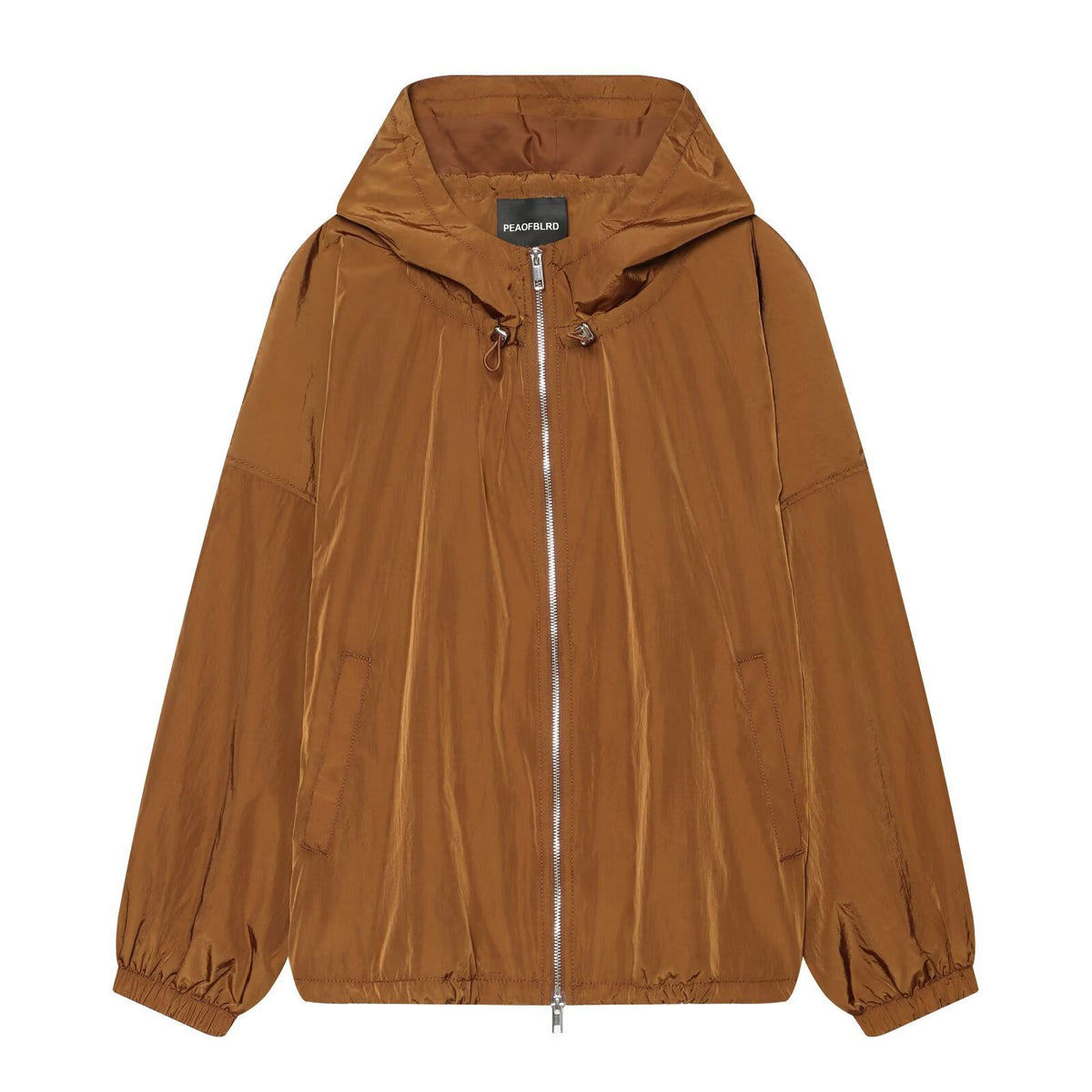 Women's Lightweight Hooded Wind Jacket made of Shiny Nylon with Drawstring and Two-Way Zipper EVA-US