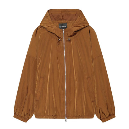 Women's Lightweight Hooded Wind Jacket made of Shiny Nylon with Drawstring and Two-Way Zipper EVA-US