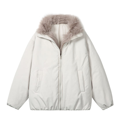 Women's short jacket in boxy cut with voluminous faux fur collar and two-way zipper EVA-US