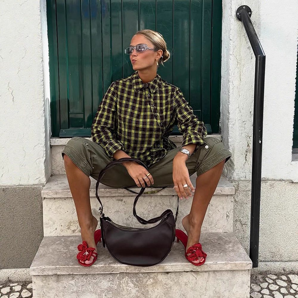 Women's Checked Shirt Blouse with Drawstring Waist and Loose Fit EVA-US