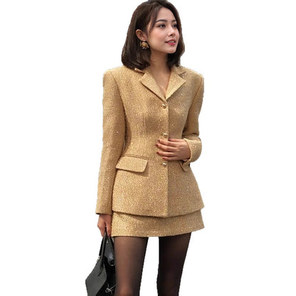 Women Two-Piece Boucle Tweed Blazer and Mini Skirt Set with Tailored Silhouette EVA-US