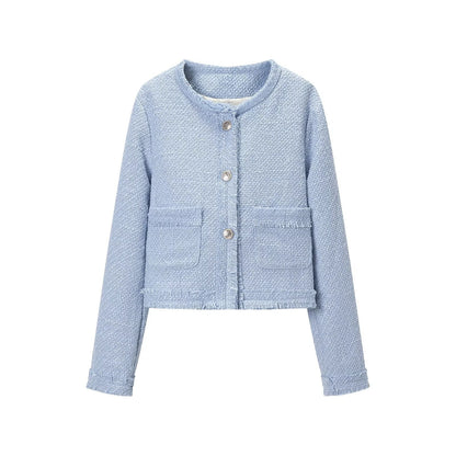 Women's Cropped Boucle Jacket with Round Neckline, Fringed Trim and Patch Pockets EVA-US