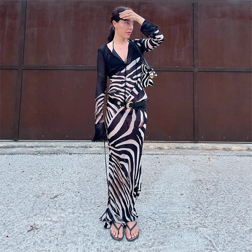 Women's figure-hugging mesh maxi dress with deep V-neck and graphic zebra print EVA-US