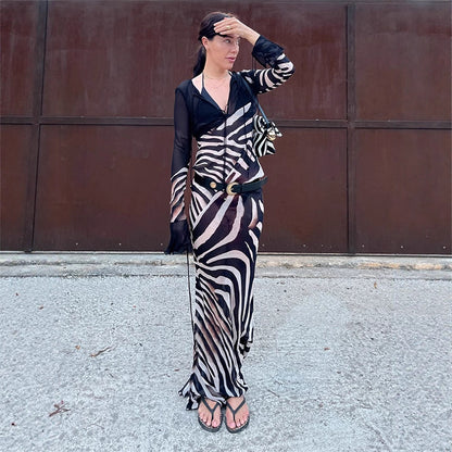 Women's figure-hugging mesh maxi dress with deep V-neck and graphic zebra print EVA-US