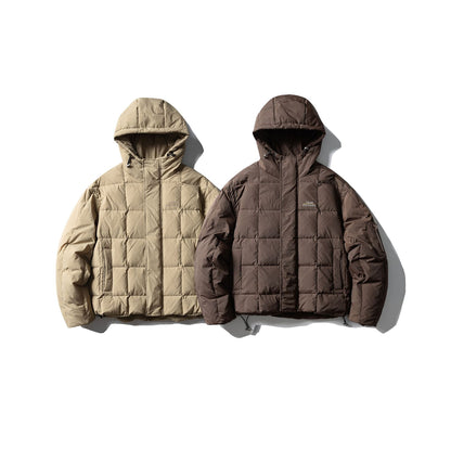 Men's Padded Hooded Anorak with Check Quilting, High Collar and Utility Arm Pocket EVA-US