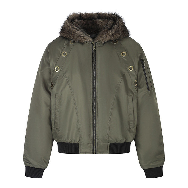 Women's short-cut bomber jacket with faux fur hood and eyelet application EVA-US