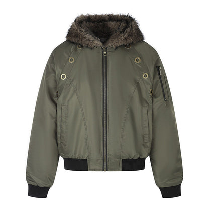 Women's short-cut bomber jacket with faux fur hood and eyelet application EVA-US