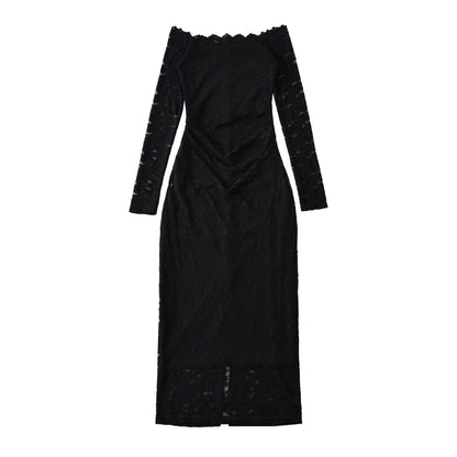 Women's Off-Shoulder Lace Dress with Waist Gather and Long Sleeve
