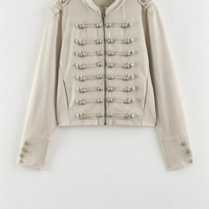 Women Short Military Jacket with Decorative Button Placket and Stand Collar EVA-US
