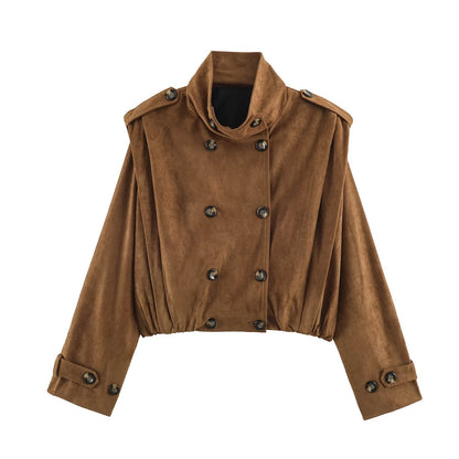 Women's Short-Cut Double-Breasted Suede-Look Bomber with Stand-Up Collar and Shoulder Patches EVA-US