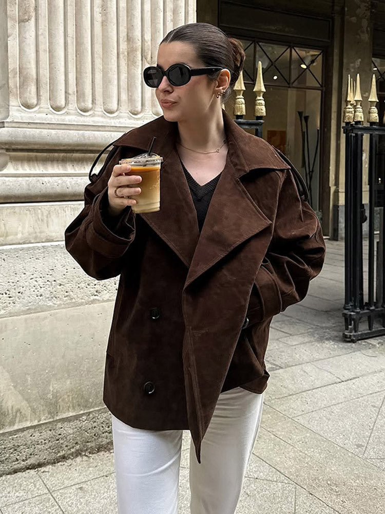 Women's short trench coat in suede look with wide lapels and boxy silhouette EVA-US
