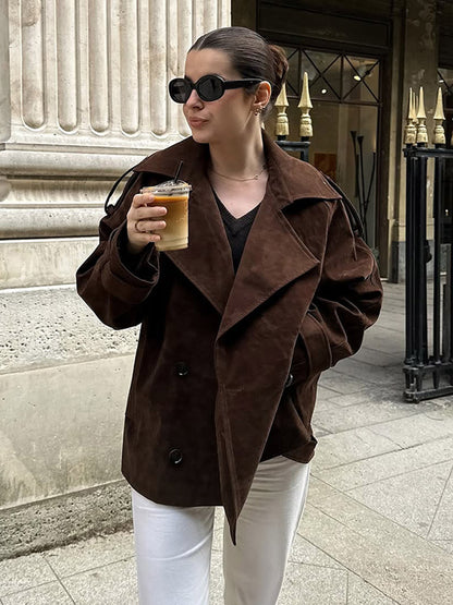 Women's short trench coat in suede look with wide lapels and boxy silhouette EVA-US