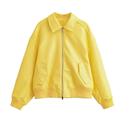 Women's Oversized Bomber Jacket with Zipper, Ribbed Hem and Flap Pockets EVA-US