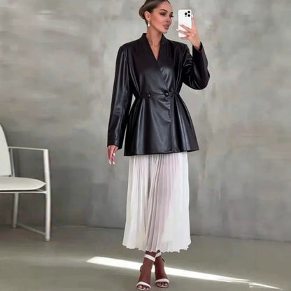 Women Tailored Wrap Blazer made of Imitation Leather with Flared Hem EVA-US
