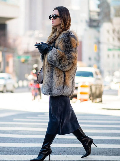 Women short cut oversized faux fur coat with voluminous shawl collar EVA-US
