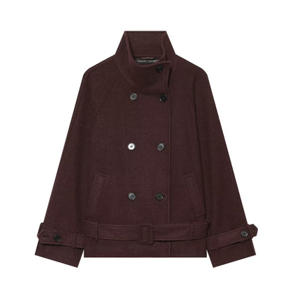 Ladies short coat double-breasted wool blend with high standing collar and belt EVA-US