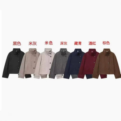 Women's 9800+ short boxy wool blend jacket with high funnel collar, asymmetrical button placket and adjustable cuffs EVA-US