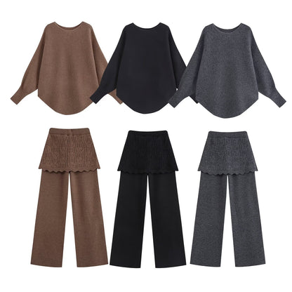Ladies Two-Piece Knit Set with Oversized Sweater, Lace Pattern Mini Skirt and Wide Palazzo Pants EVA-US