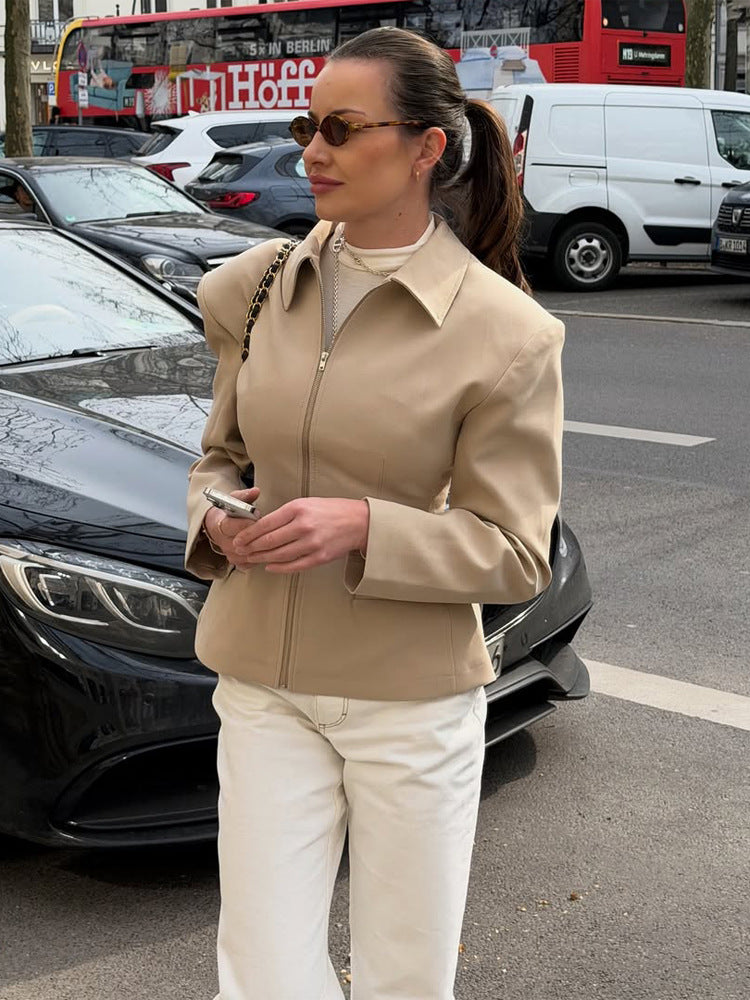 Women's Tailored Short Jacket made of vegan leather imitation with shirt collar and concealed zipper EVA-US
