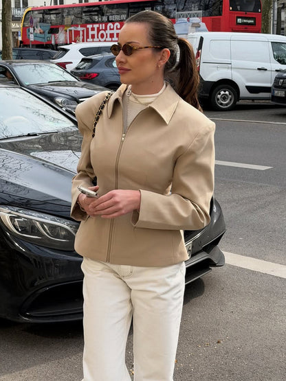 Women's Tailored Short Jacket made of vegan leather imitation with shirt collar and concealed zipper EVA-US