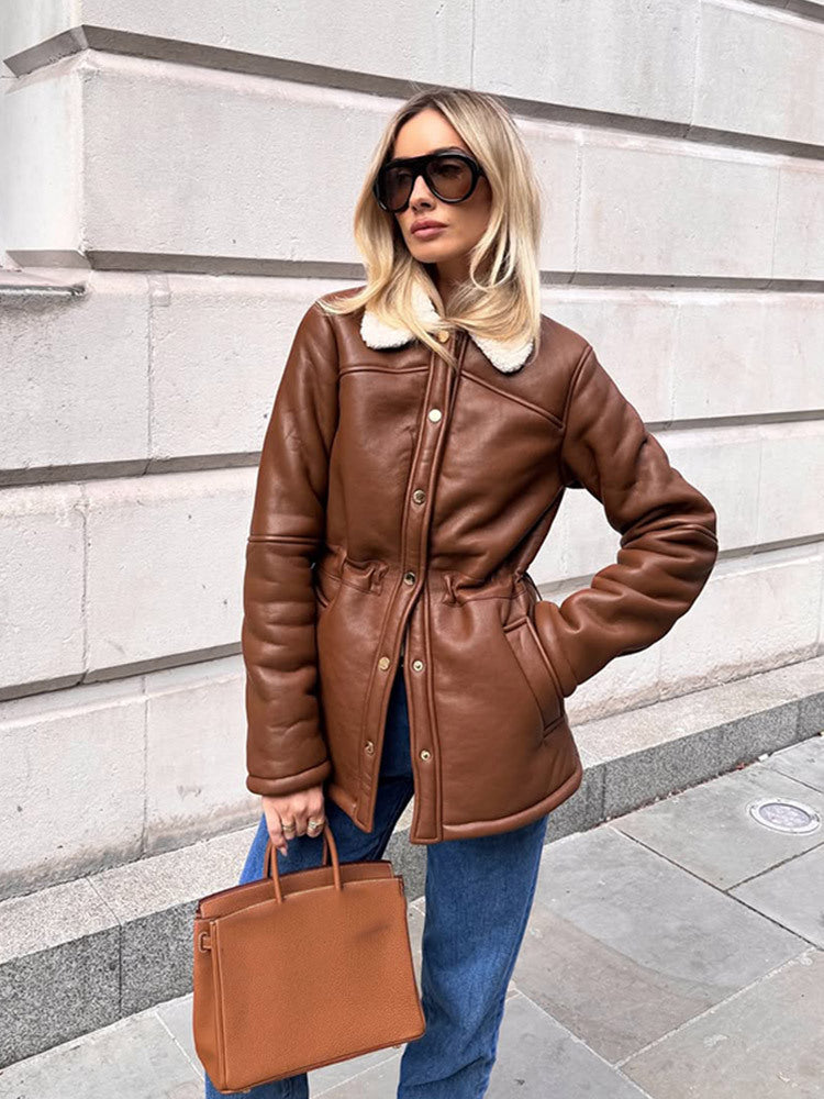 Women's Fitted Faux Leather Jacket with Drawstring, Teddy Collar and Snap Button Placket EVA-US