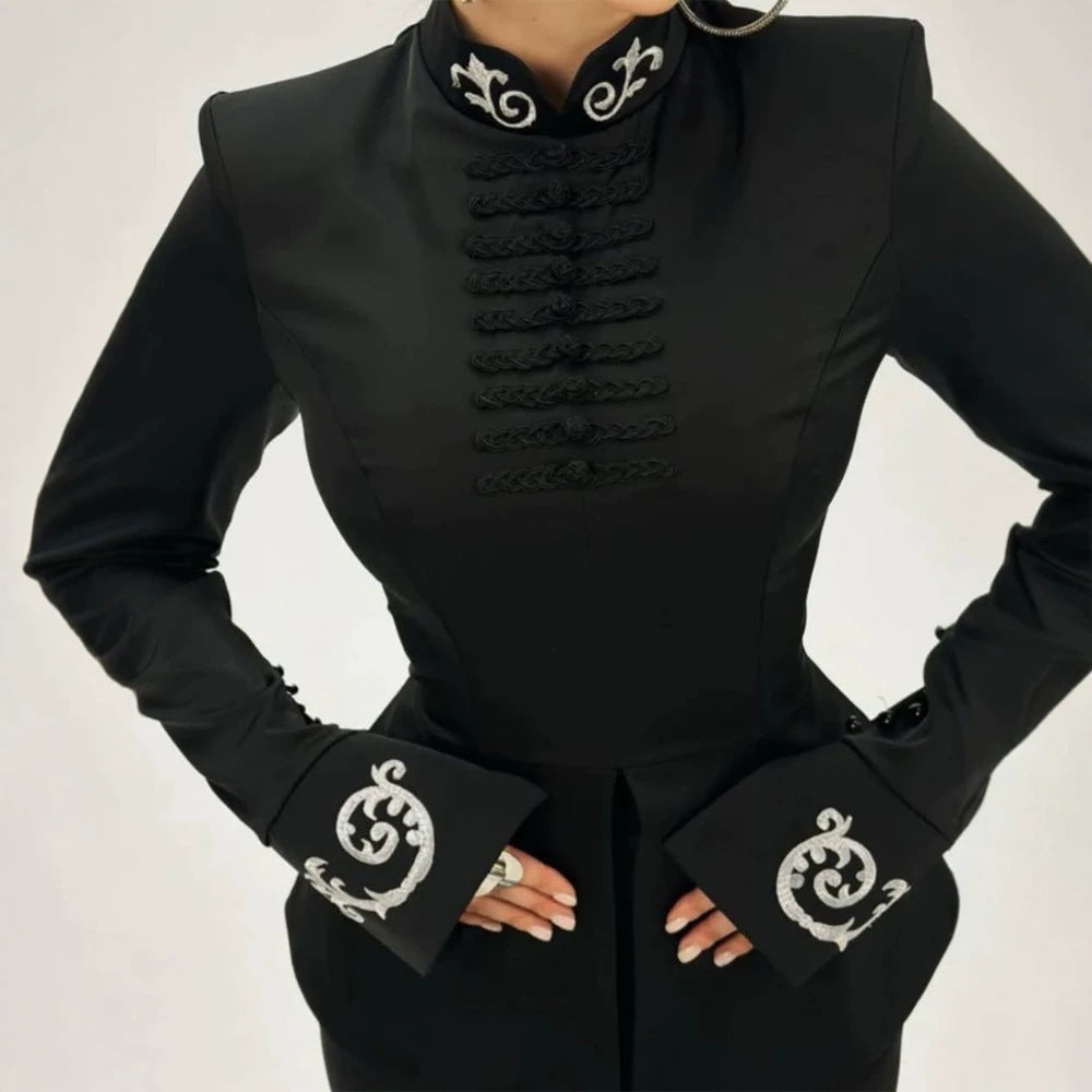 Women Tailored Satin Jacket with Mandarin Collar, decorative cord fastenings and embroidered cuffs EVA-US