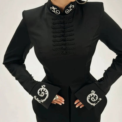 Women Tailored Satin Jacket with Mandarin Collar, decorative cord fastenings and embroidered cuffs EVA-US