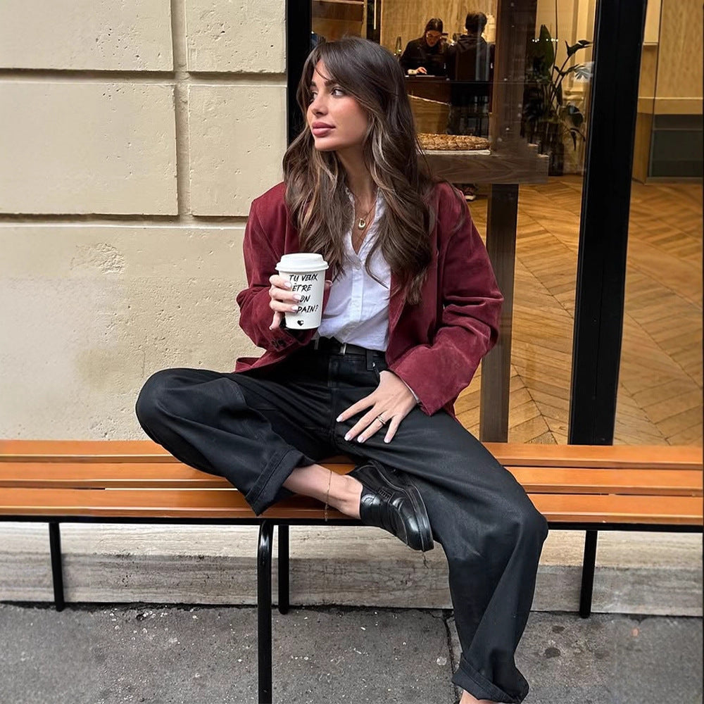 Women's suede blazer with a casual cropped fit and shirt collar EVA-US