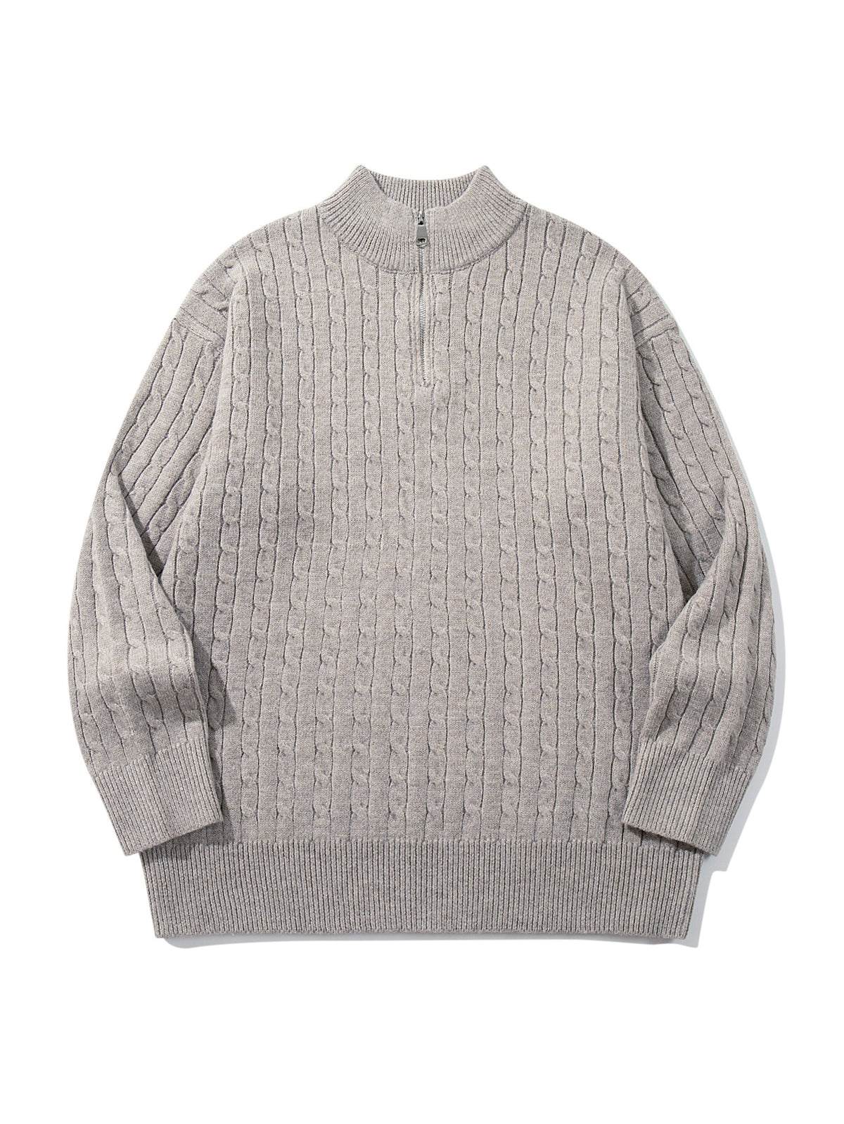 Unisex Cable Knit Half-Zip Sweater with High Ribbed Collar and Longer Hem EVA-US