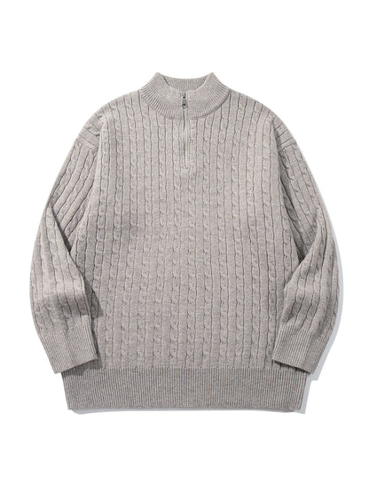 Unisex Cable Knit Half-Zip Sweater with High Ribbed Collar and Longer Hem EVA-US
