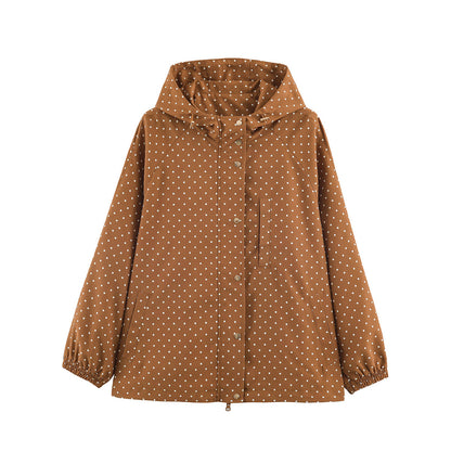 Women's Lightweight Water-Repellent Hooded Jacket with Polka Dot Pattern and Snap Button Placket EVA-US