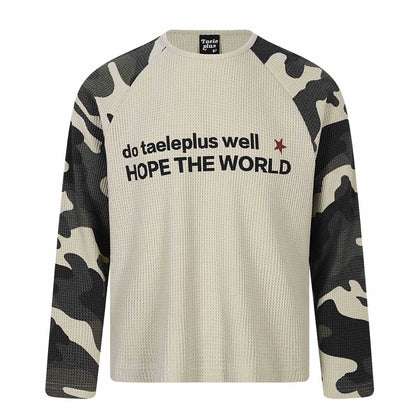 Unisex Waffle Knit Long Sleeve Shirt with Raglan Sleeves and Camouflage Details EVA-US