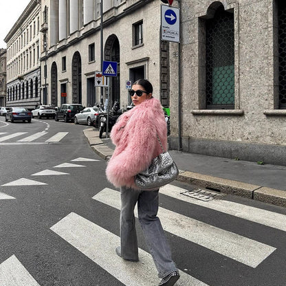 Women Short Cut Shaggy Faux Fur Coat with voluminous Shawl Collar and Oversized Silhouette EVA-US