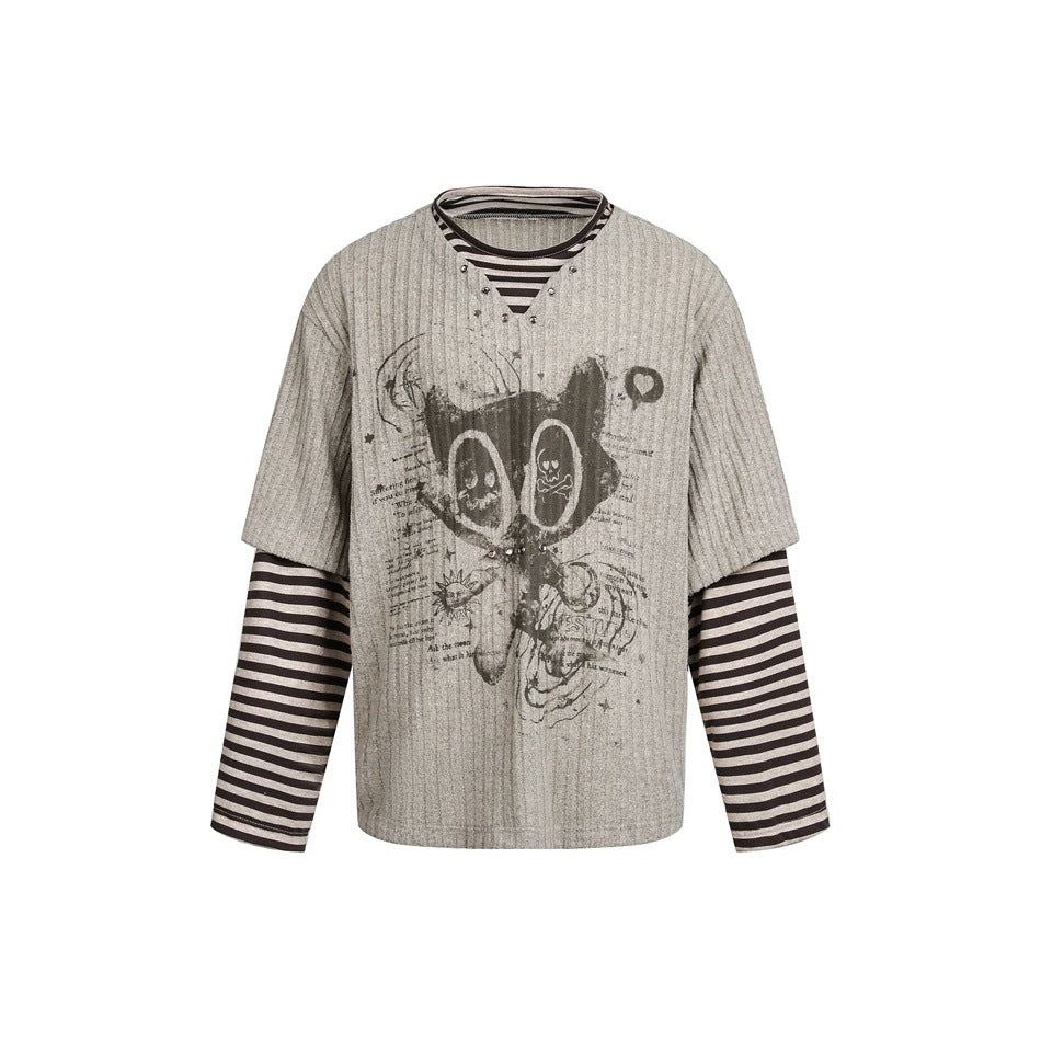 Women Layered Look Long Sleeve with Striped Sleeves and Graphic Statement Print EVA-US