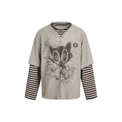 Women Layered Look Long Sleeve with Striped Sleeves and Graphic Statement Print EVA-US