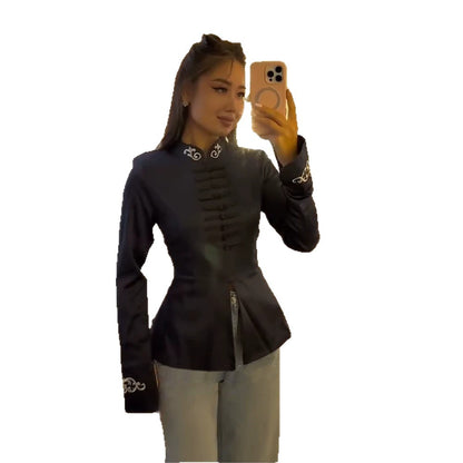 Women Tailored Satin Jacket with Mandarin Collar, decorative cord fastenings and embroidered cuffs EVA-US