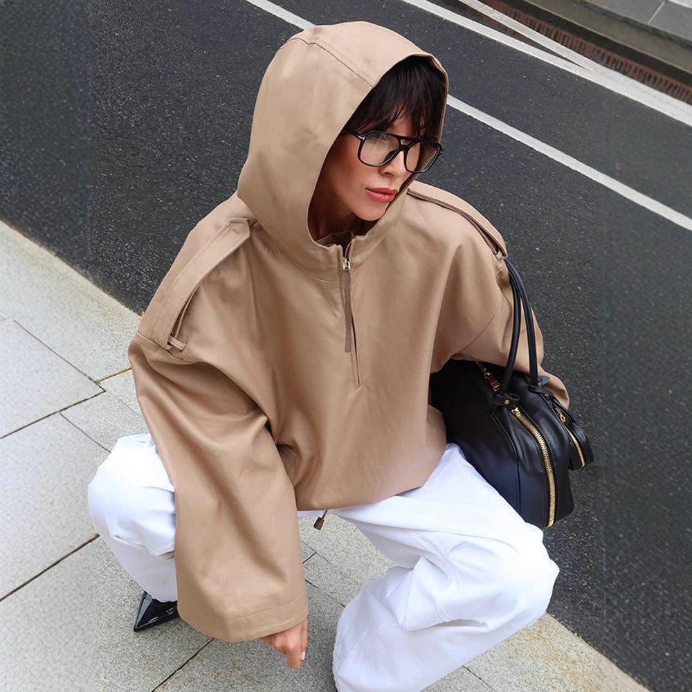 Women's Oversize Hooded Pullover Jacket with Half Zipper and Shoulder Yoke EVA-US