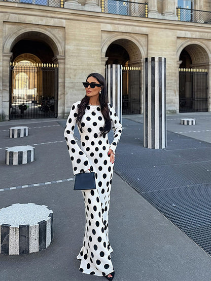Women's Figure-Hugging Polka Dot Maxi Dress with Trumpet Sleeves & Round Neckline EVA-US
