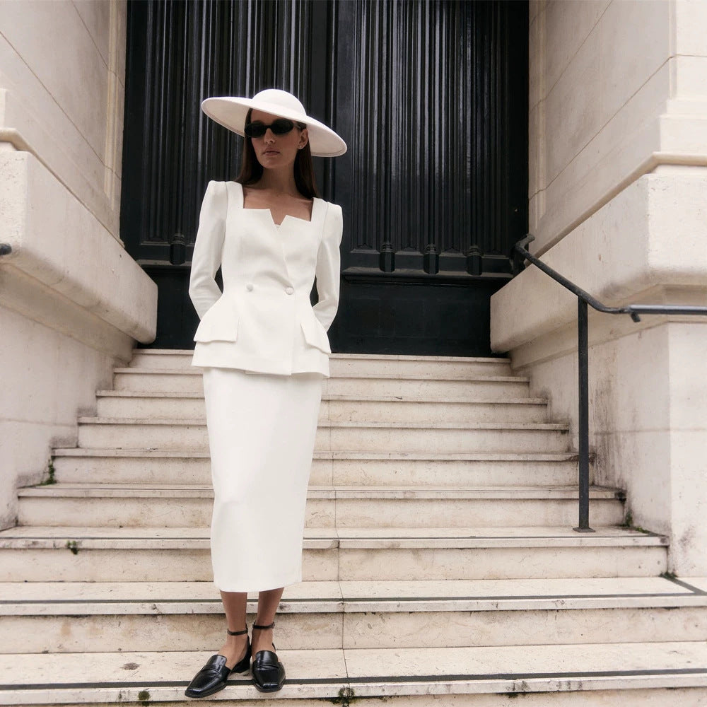Women Fitted Suit Set with Distinct Angular Neckline and Peplum EVA-US