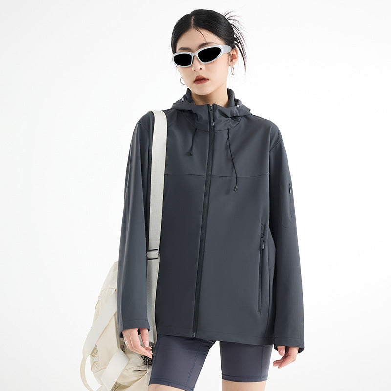 Women's Breathable Softshell Rain Jacket with Hood, Windproof and Minimalist Tech Look EVA-US