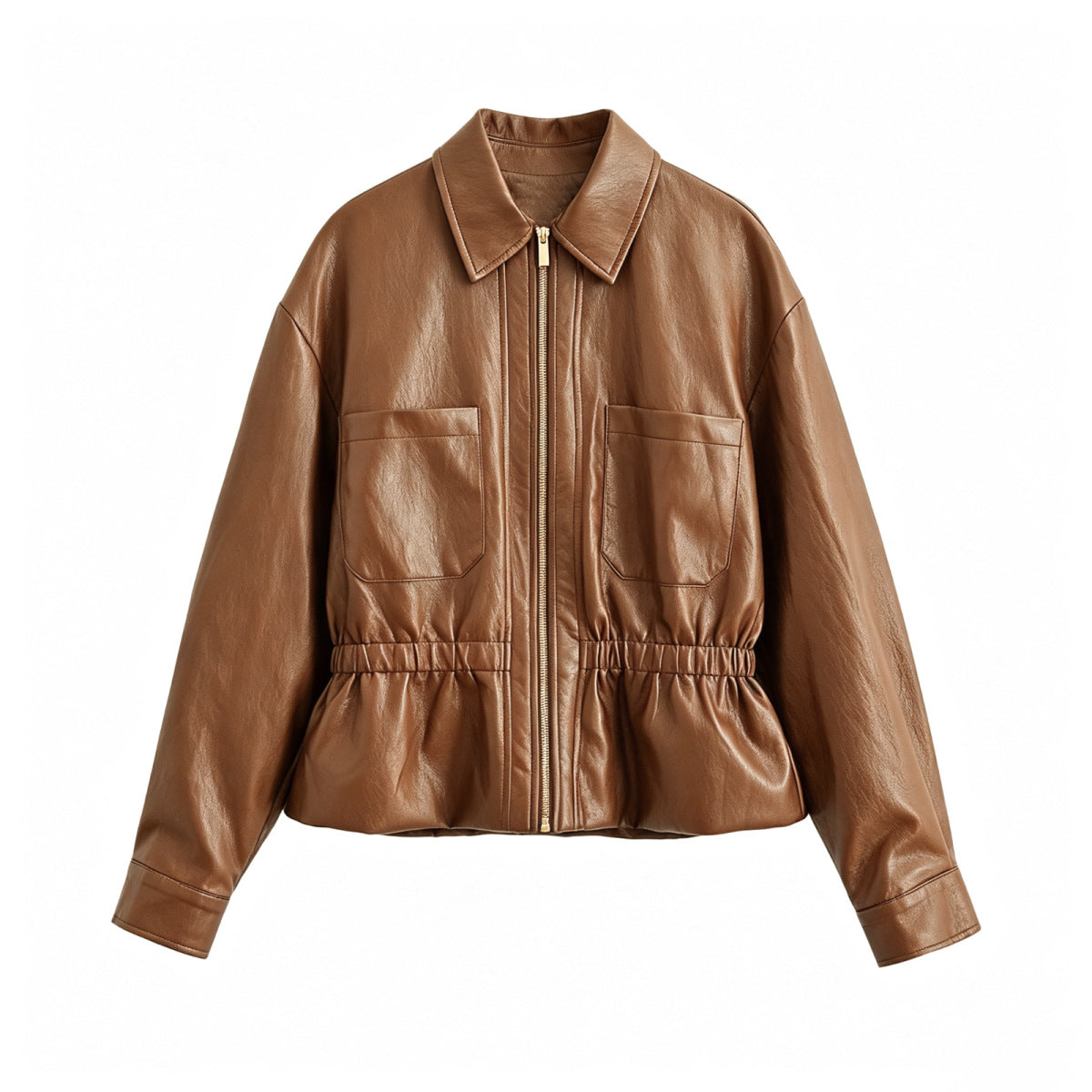 Women's Boxy Faux Leather Blouson with Elastic Waistband, Patch Chest Pockets and Visible Zipper Detail