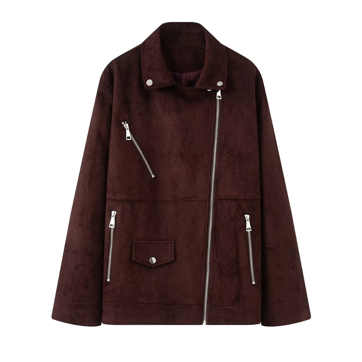 Women Asymmetrical Suede Leather Look Biker Jacket with Stand-Up Collar and Zippers EVA-US